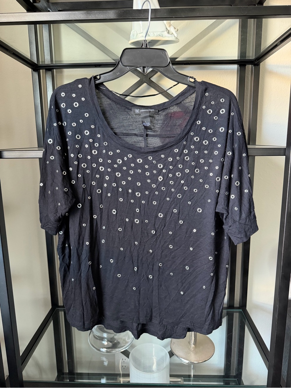 INC International Concepts Black Scoop Neck Eyelet Short Sleeve Top